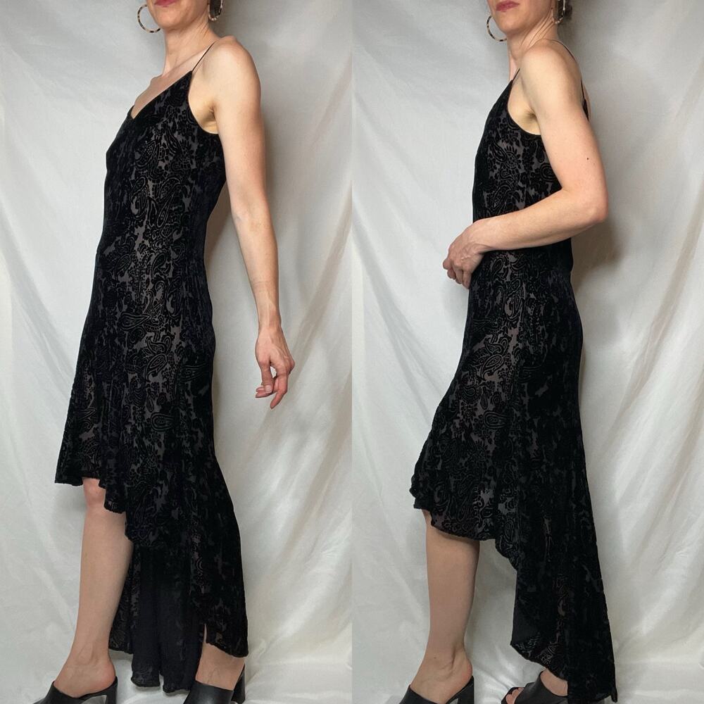 Vintage 90s Y2K velvet burnout slip dress hi-lo train hem black whimsigoth prom - Picture 9 of 15